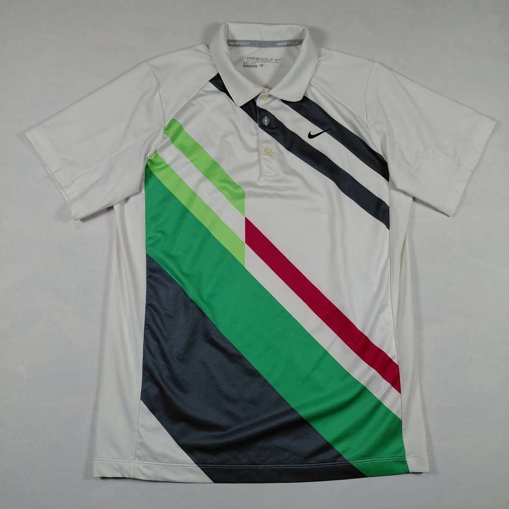 Nike Golf Kids Large Dri-Fit Polo Shirt White Green Black Stripes Short Sleeve - Picture 4 of 14